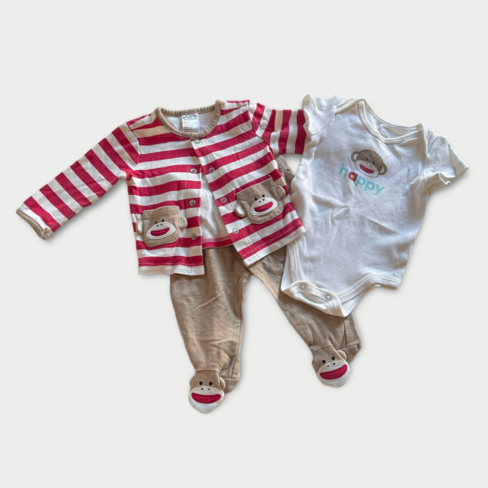 Baby Starters Red & White Striped Happy Monkey 3-Piece Set - 3 Months